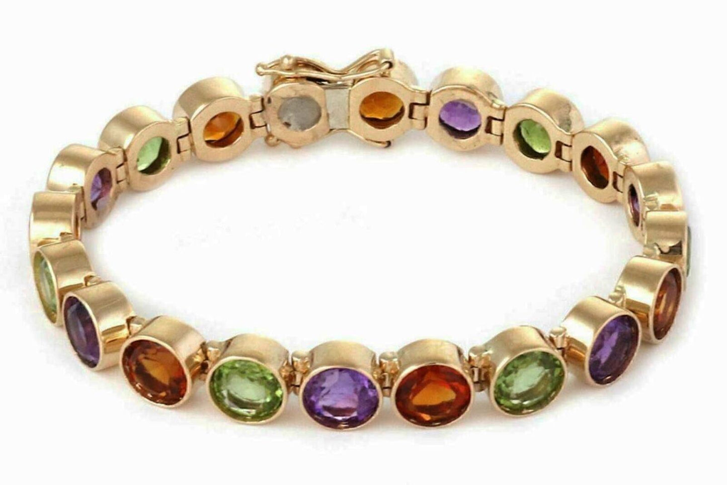 Multi-Color Bezel Set Round Gems 14k Yellow Gold Link Bracelet