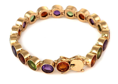 Multi-Color Bezel Set Round Gems 14k Yellow Gold Link Bracelet