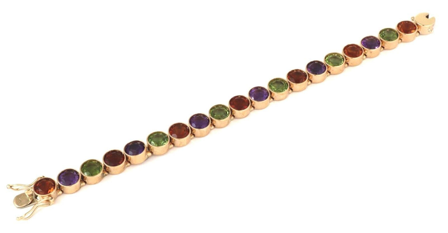 Multi-Color Bezel Set Round Gems 14k Yellow Gold Link Bracelet