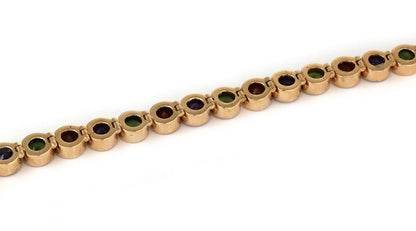 Multi-Color Bezel Set Round Gems 14k Yellow Gold Link Bracelet