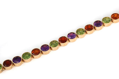 Multi-Color Bezel Set Round Gems 14k Yellow Gold Link Bracelet