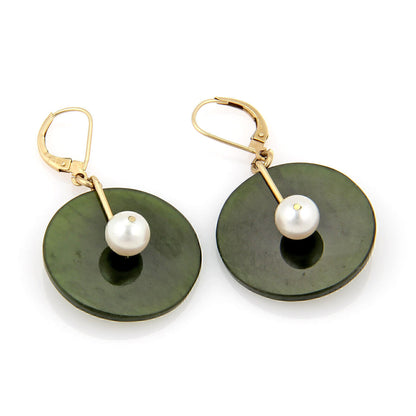 Jade & Pearls 14k Yellow Gold Disc Shape Dangle Earrings