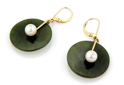 Jade & Pearls 14k Yellow Gold Disc Shape Dangle Earrings