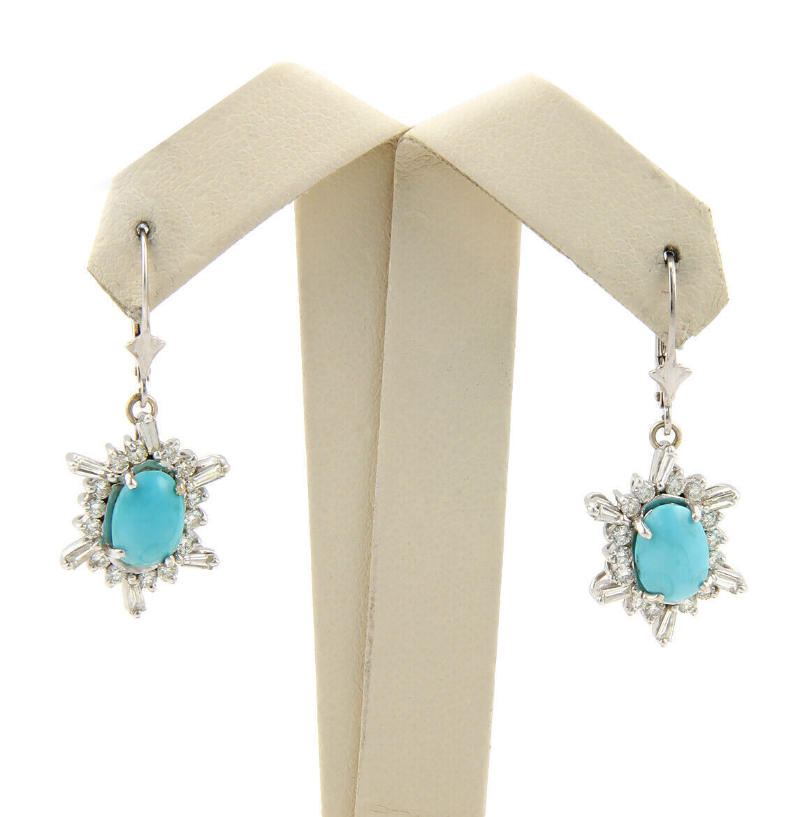 Turquoise Diamond 14k White Gold Hook Dangle Earrings