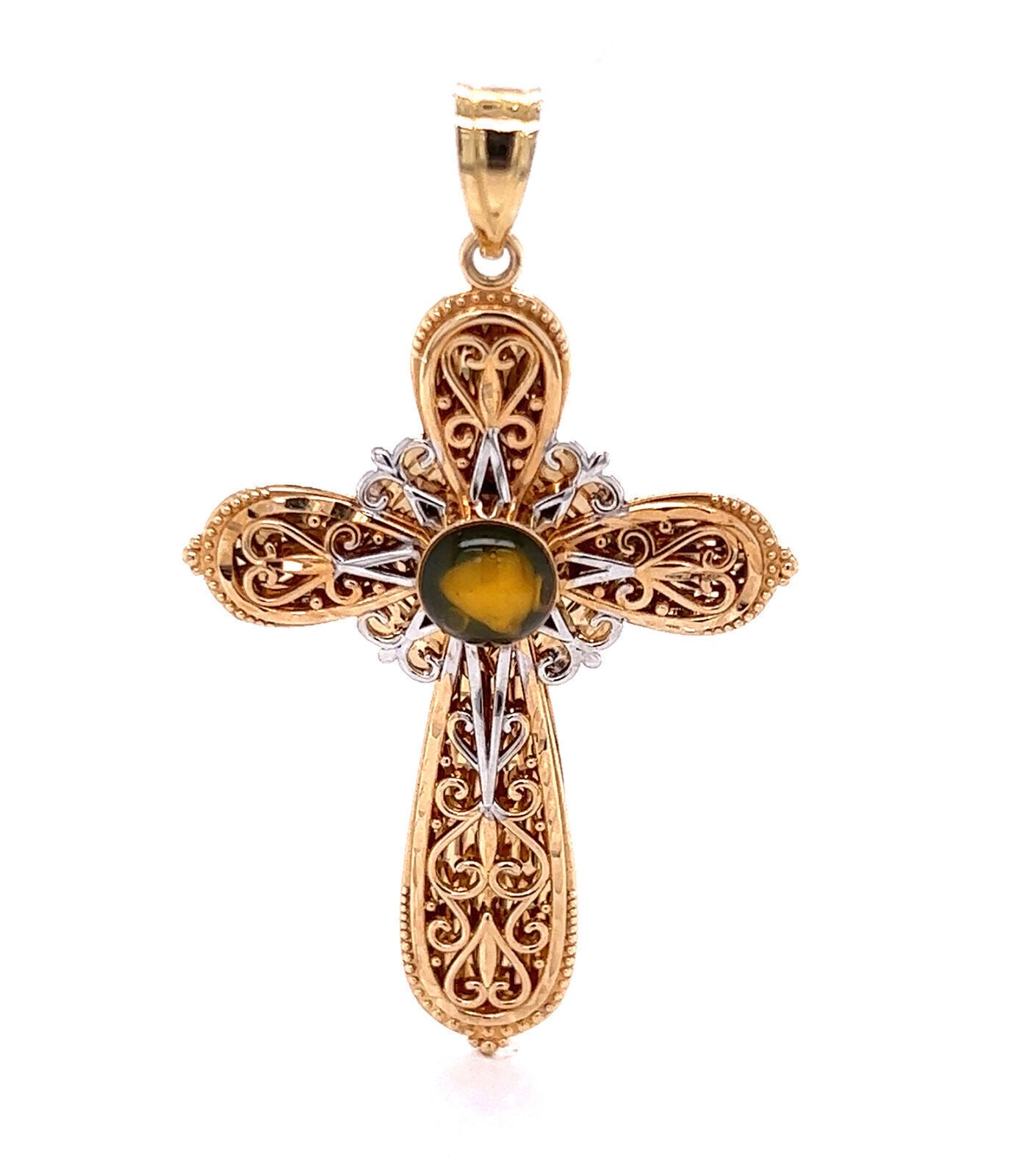 Filigree 14k Gold Mustard Seed & Prayer Cross Charm Pendant