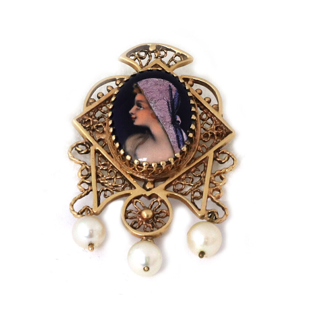 Enamel Painted 14k Gold Cameo Pearls Filigree Pin Brooch Pendant