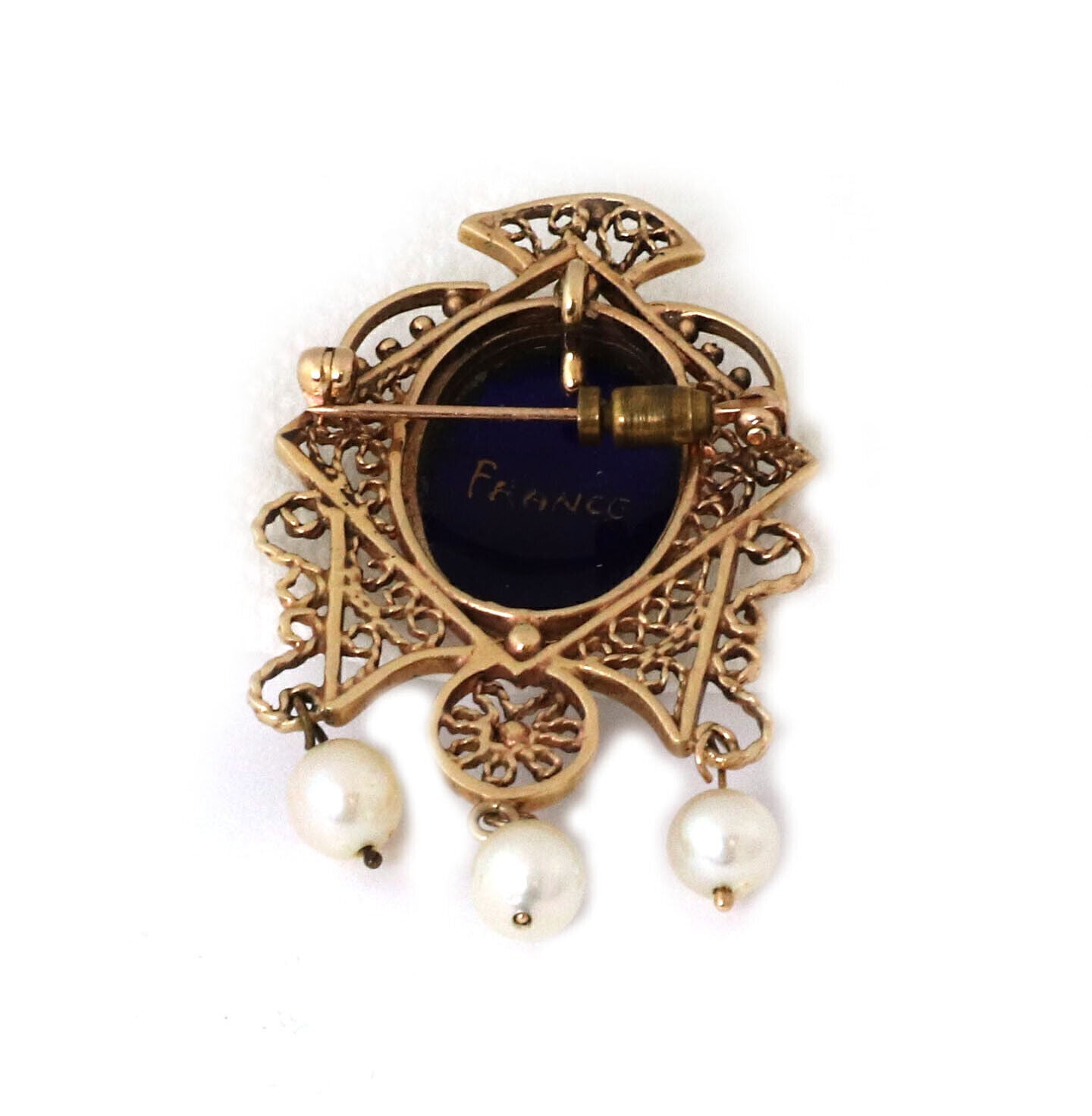 Enamel Painted 14k Gold Cameo Pearls Filigree Pin Brooch Pendant