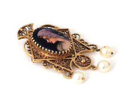 Enamel Painted 14k Gold Cameo Pearls Filigree Pin Brooch Pendant