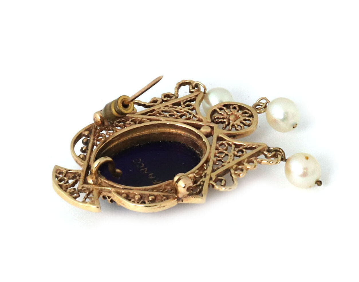 Enamel Painted 14k Gold Cameo Pearls Filigree Pin Brooch Pendant