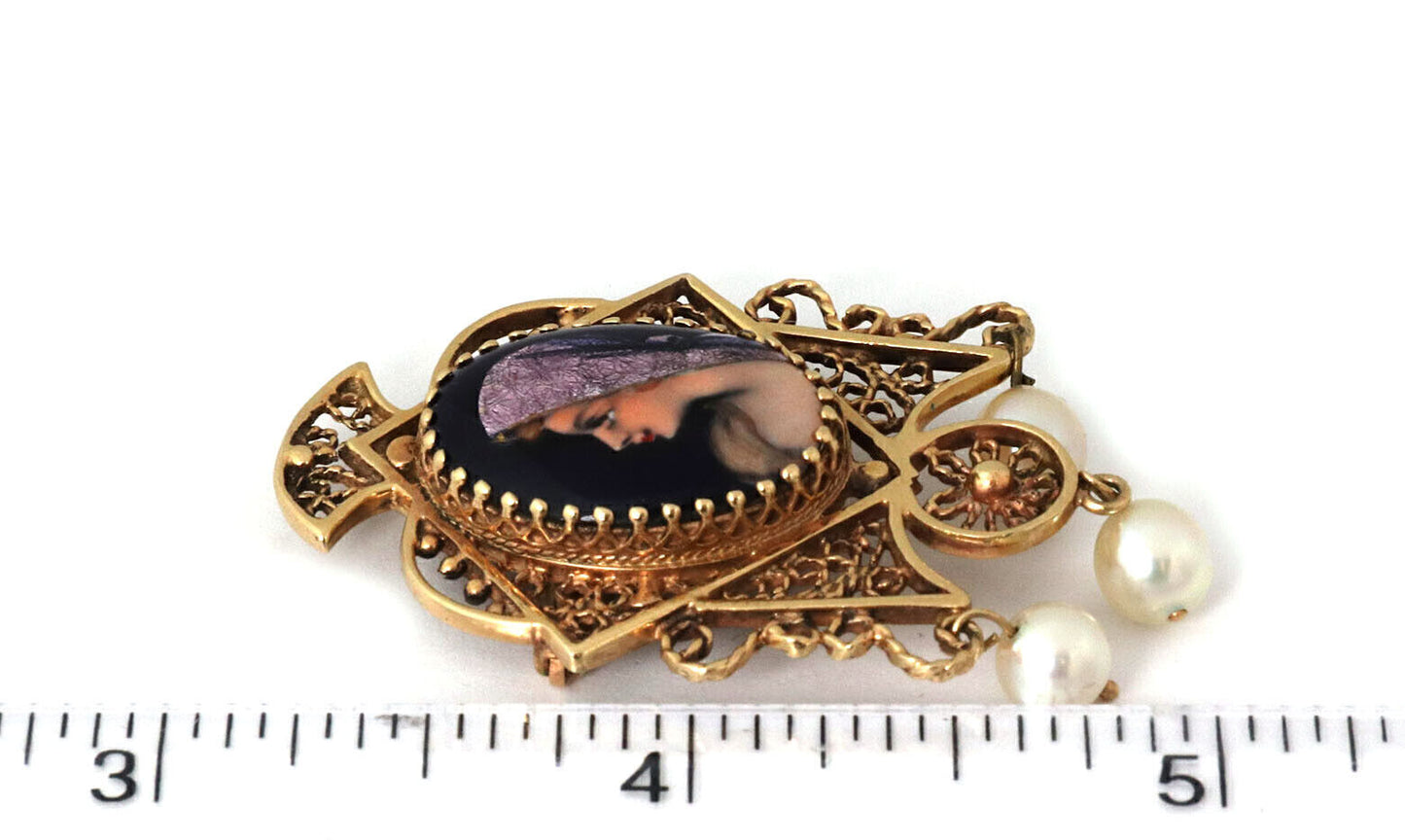 Enamel Painted 14k Gold Cameo Pearls Filigree Pin Brooch Pendant