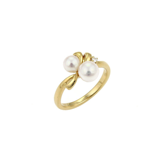 Mikimoto Akoya Pearls & Diamond 18k Yellow Gold Floral Ring - Size 4