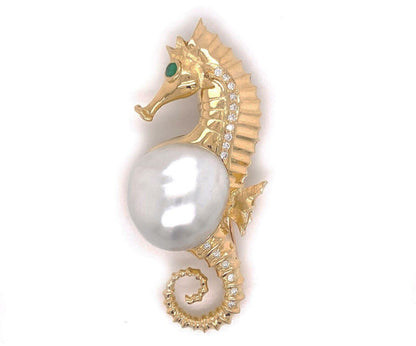 Diamond Emerald Pearl Seahorse 18k Yellow Gold Brooch Pendant Necklace