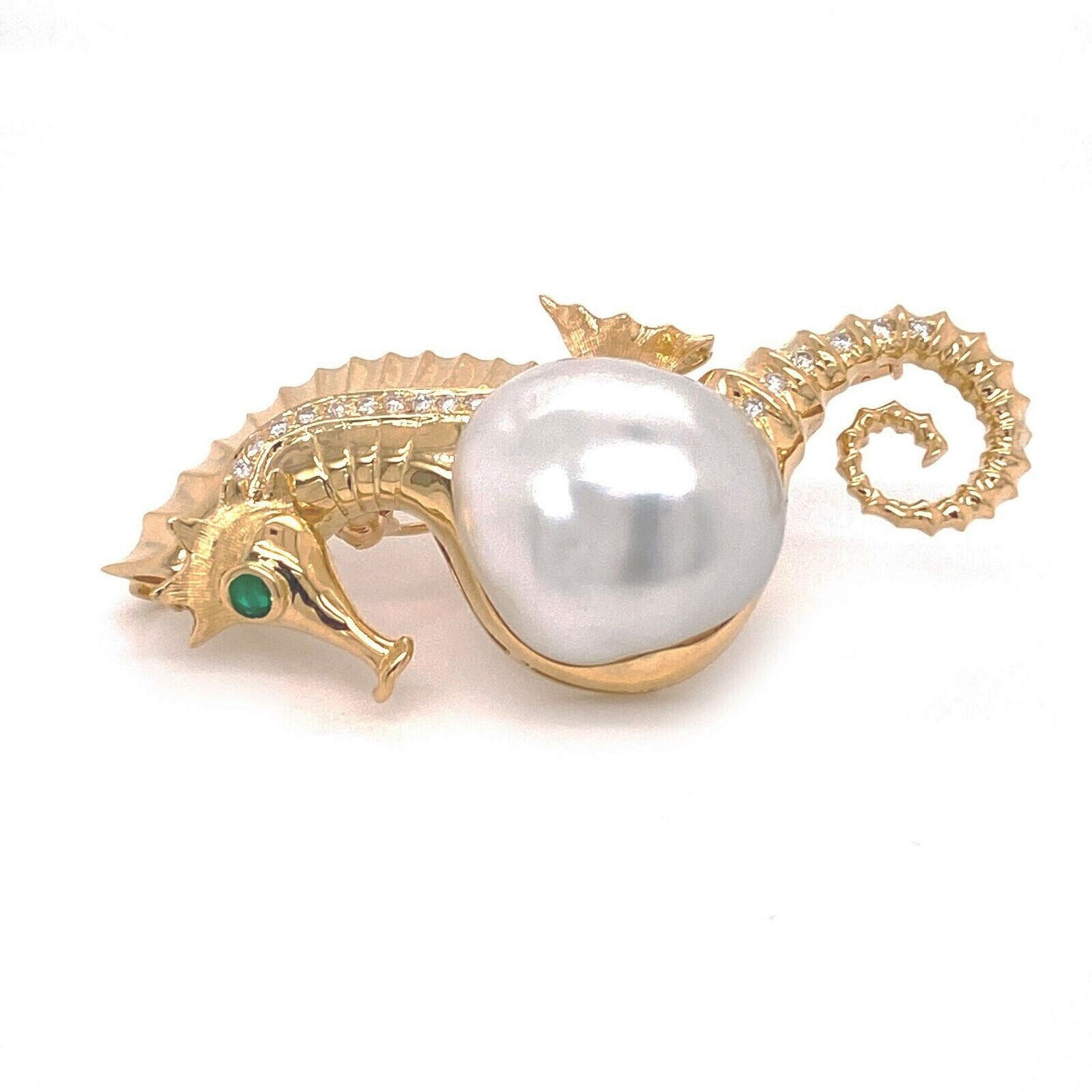 Diamond Emerald Pearl Seahorse 18k Yellow Gold Brooch Pendant Necklace