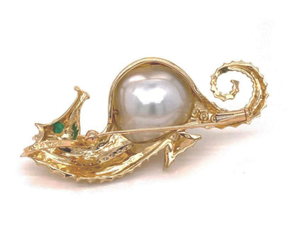 Diamond Emerald Pearl Seahorse 18k Yellow Gold Brooch Pendant Necklace