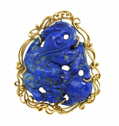 Lapis Dragon & Ball 14k Yellow Gold Frame Pendant Pin Brooch