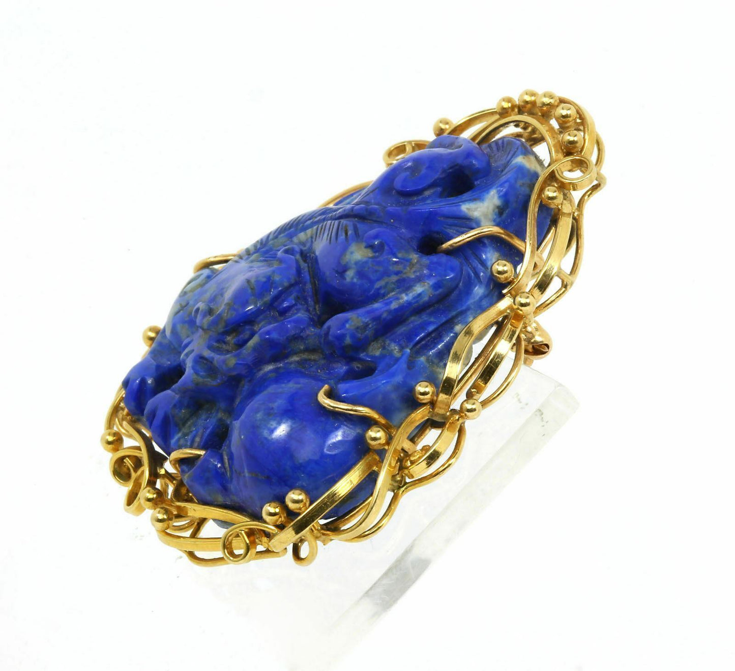 Lapis Dragon & Ball 14k Yellow Gold Frame Pendant Pin Brooch