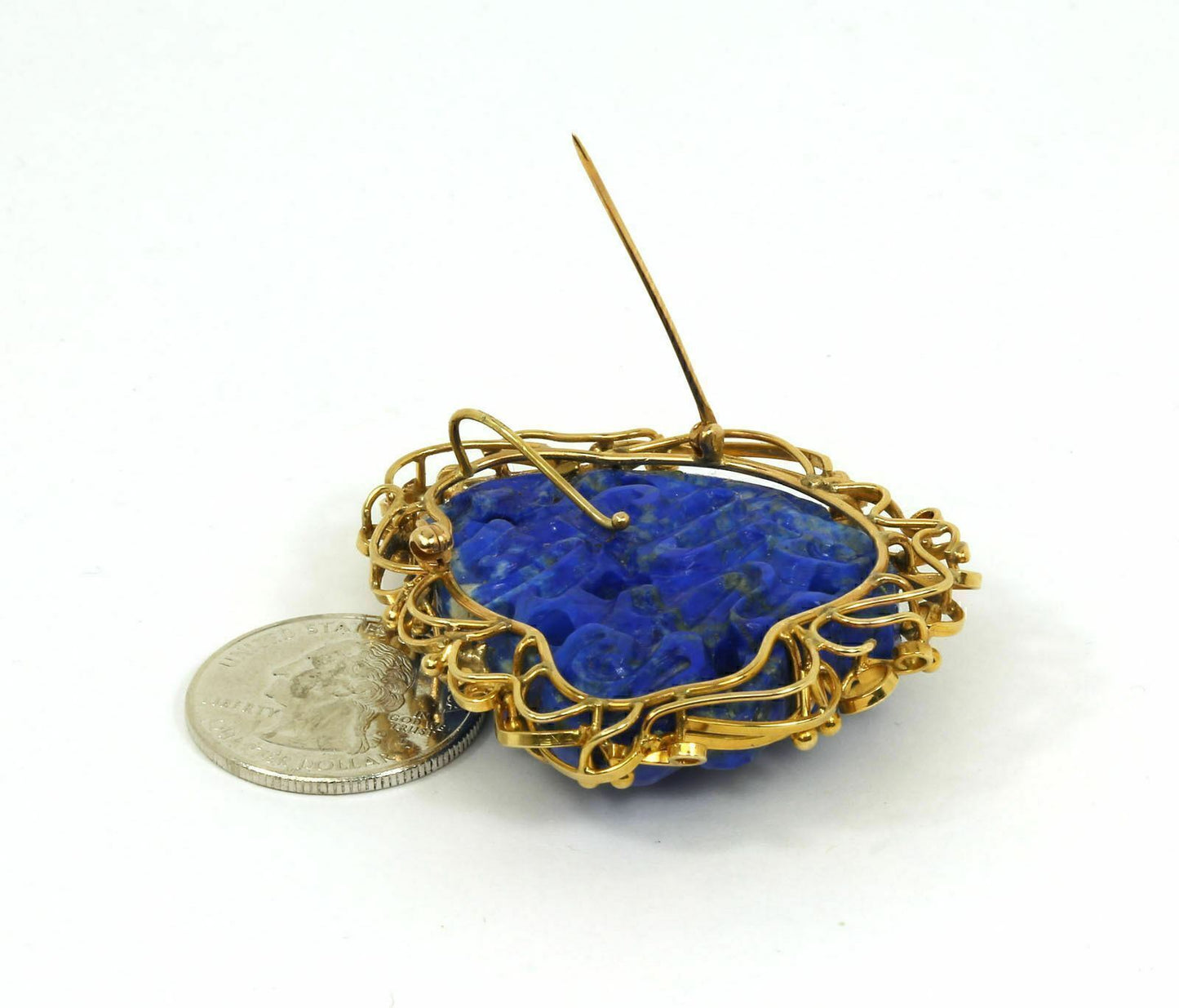 Lapis Dragon & Ball 14k Yellow Gold Frame Pendant Pin Brooch