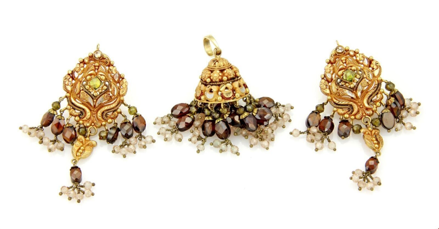 Multi Colored Gemstone 20K Gold Dangle Earring & Pendant Set