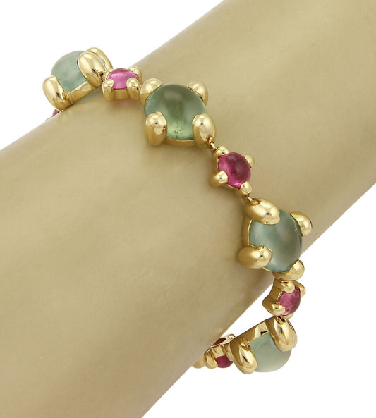 Green & Pink Tourmaline 18k Yellow Gold Oval Link Bracelet