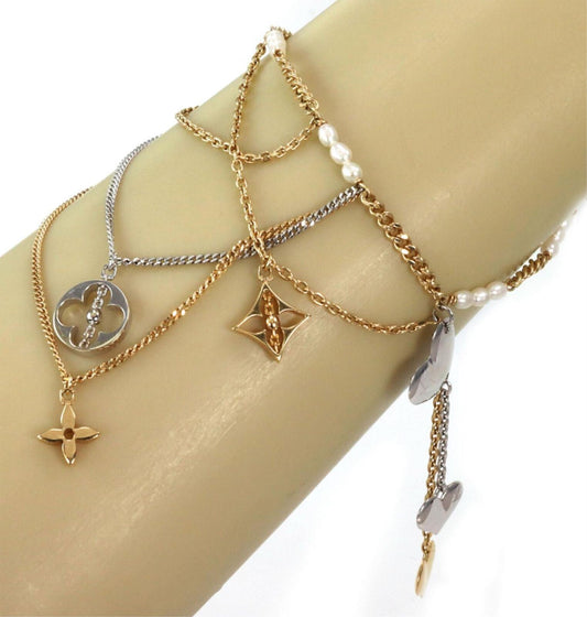 Louis Vuitton Monogram Pearls 18k Two Tone Gold Multi-Charms Chain Bracelet