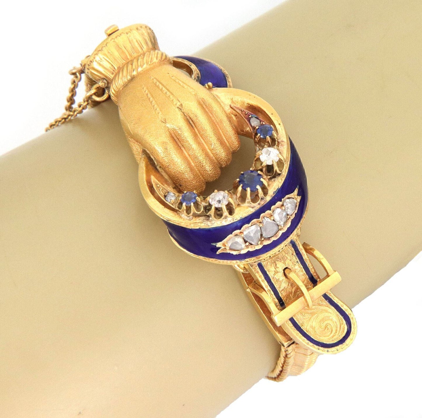 Hand Belt Buckle Rose Cut Diamond Sapphire 21k Gold Enamel Bracelet