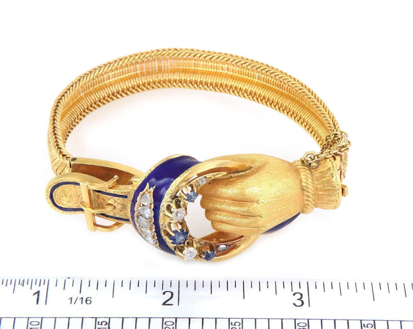 Hand Belt Buckle Rose Cut Diamond Sapphire 21k Gold Enamel Bracelet