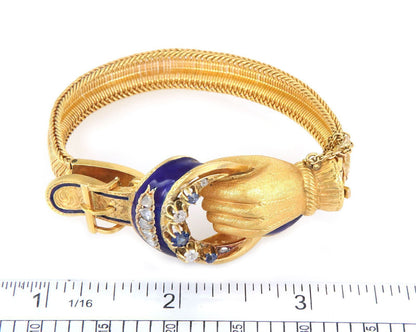 Hand Belt Buckle Rose Cut Diamond Sapphire 21k Gold Enamel Bracelet