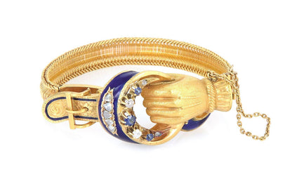 Hand Belt Buckle Rose Cut Diamond Sapphire 21k Gold Enamel Bracelet