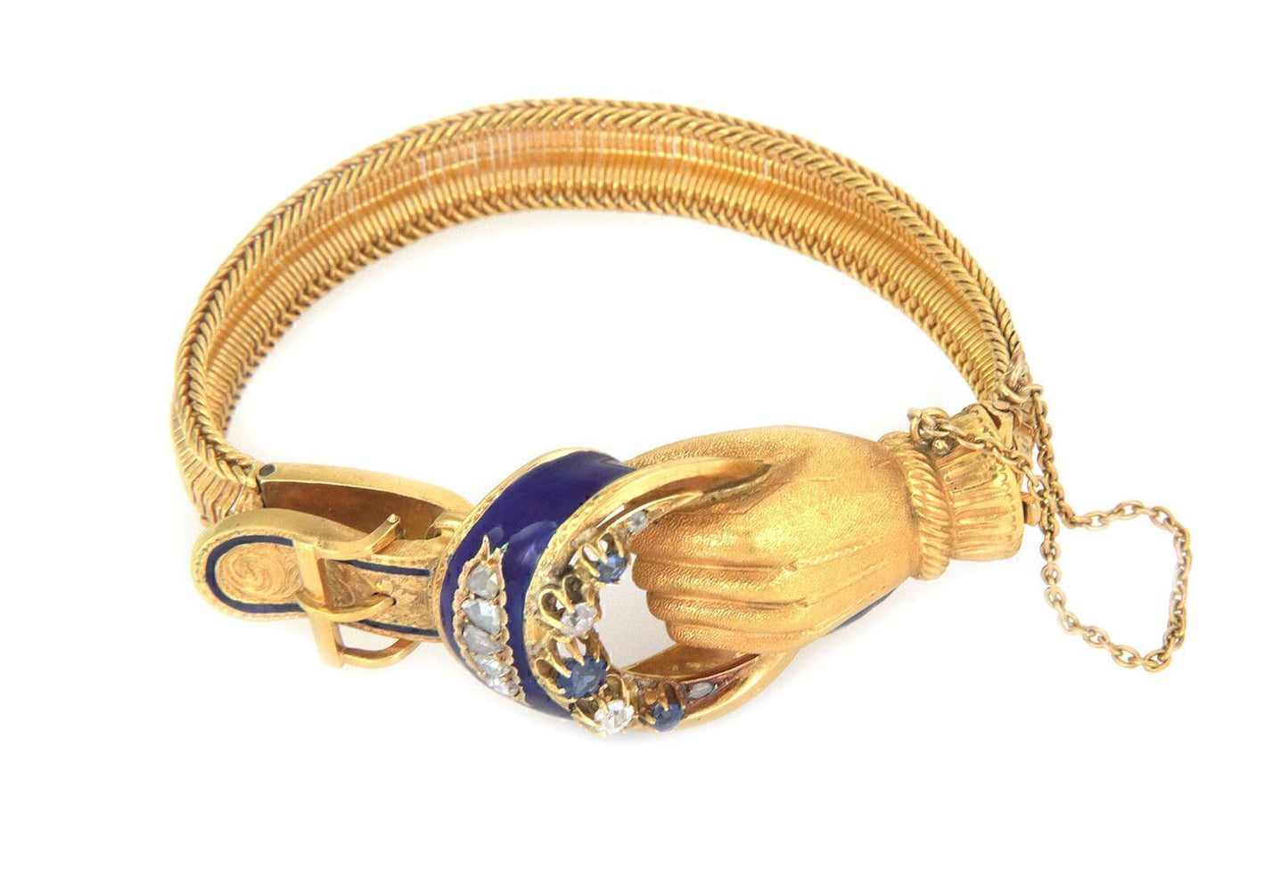 Hand Belt Buckle Rose Cut Diamond Sapphire 21k Gold Enamel Bracelet