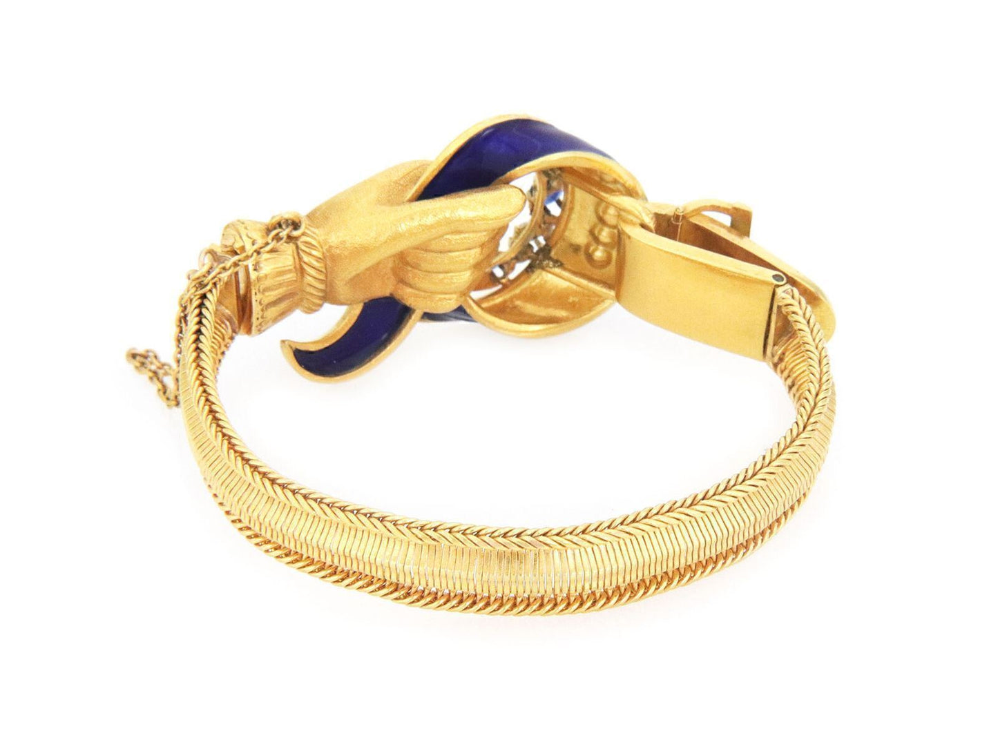 Hand Belt Buckle Rose Cut Diamond Sapphire 21k Gold Enamel Bracelet