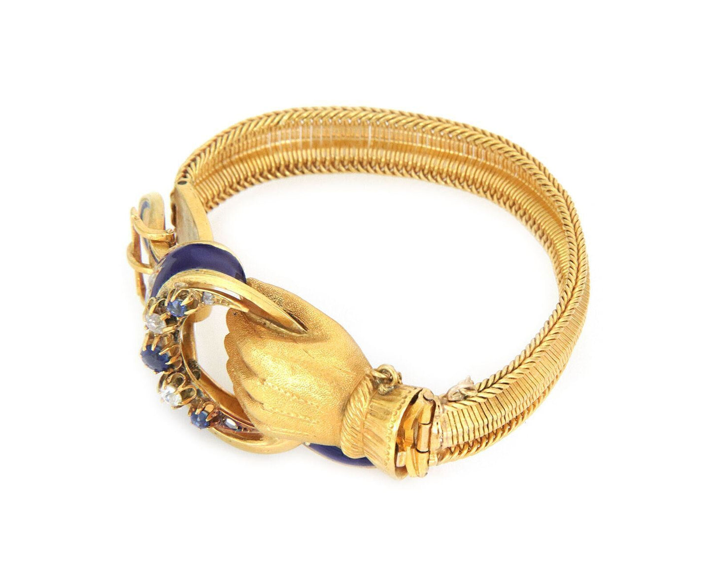 Hand Belt Buckle Rose Cut Diamond Sapphire 21k Gold Enamel Bracelet