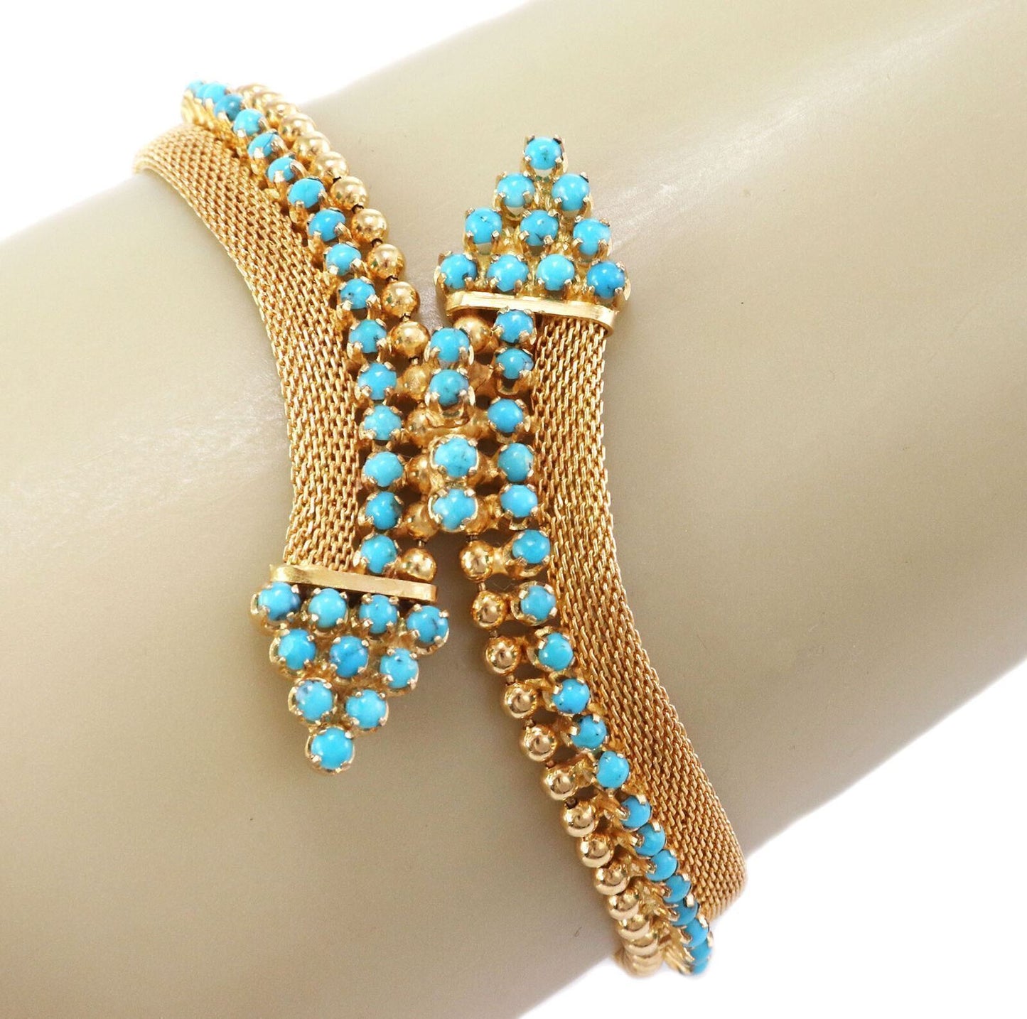 Turquoise 18k Yellow Gold Mesh & Bead Bypass Flex Link Bracelet