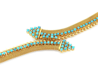 Turquoise 18k Yellow Gold Mesh & Bead Bypass Flex Link Bracelet