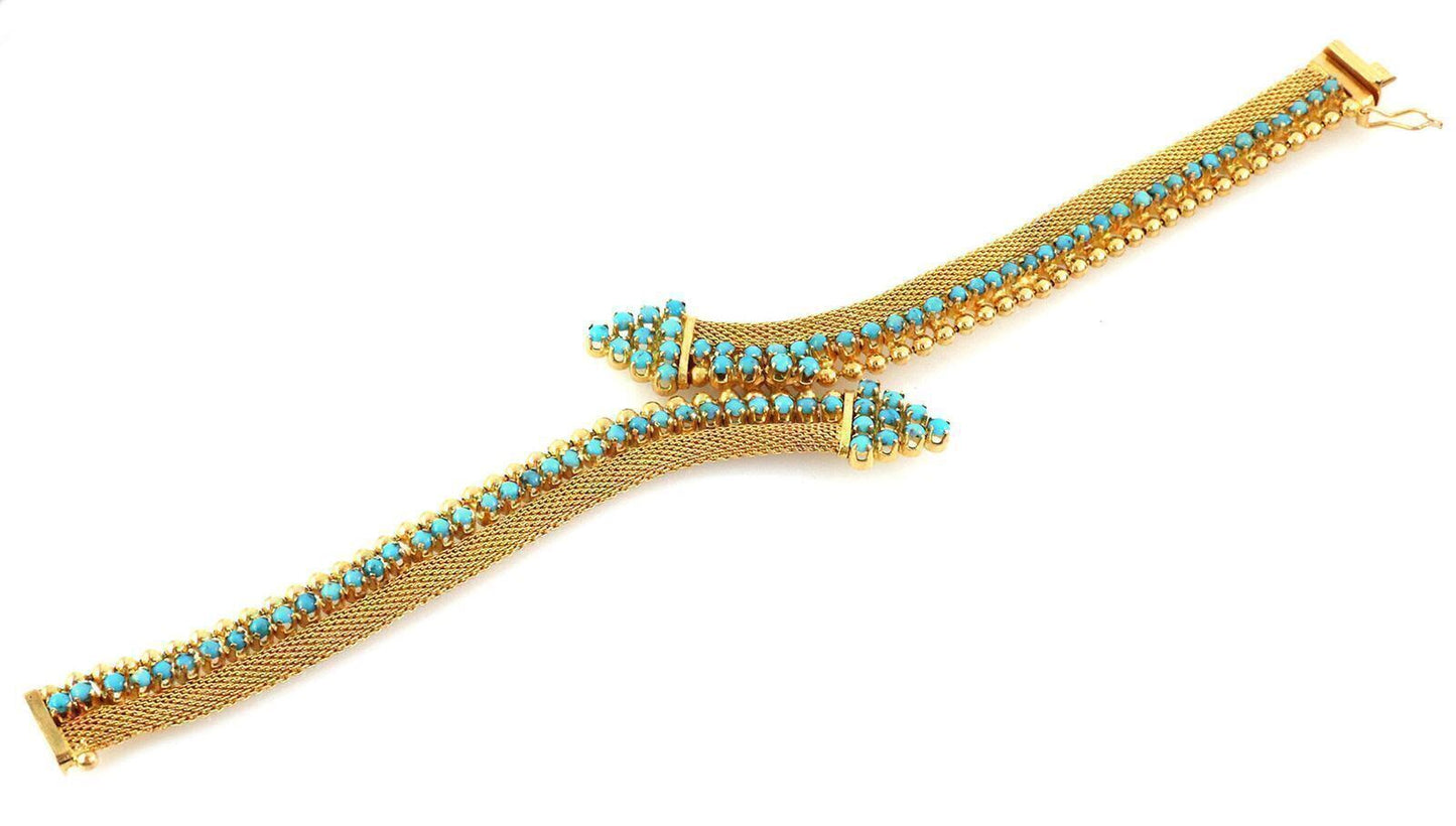 Turquoise 18k Yellow Gold Mesh & Bead Bypass Flex Link Bracelet