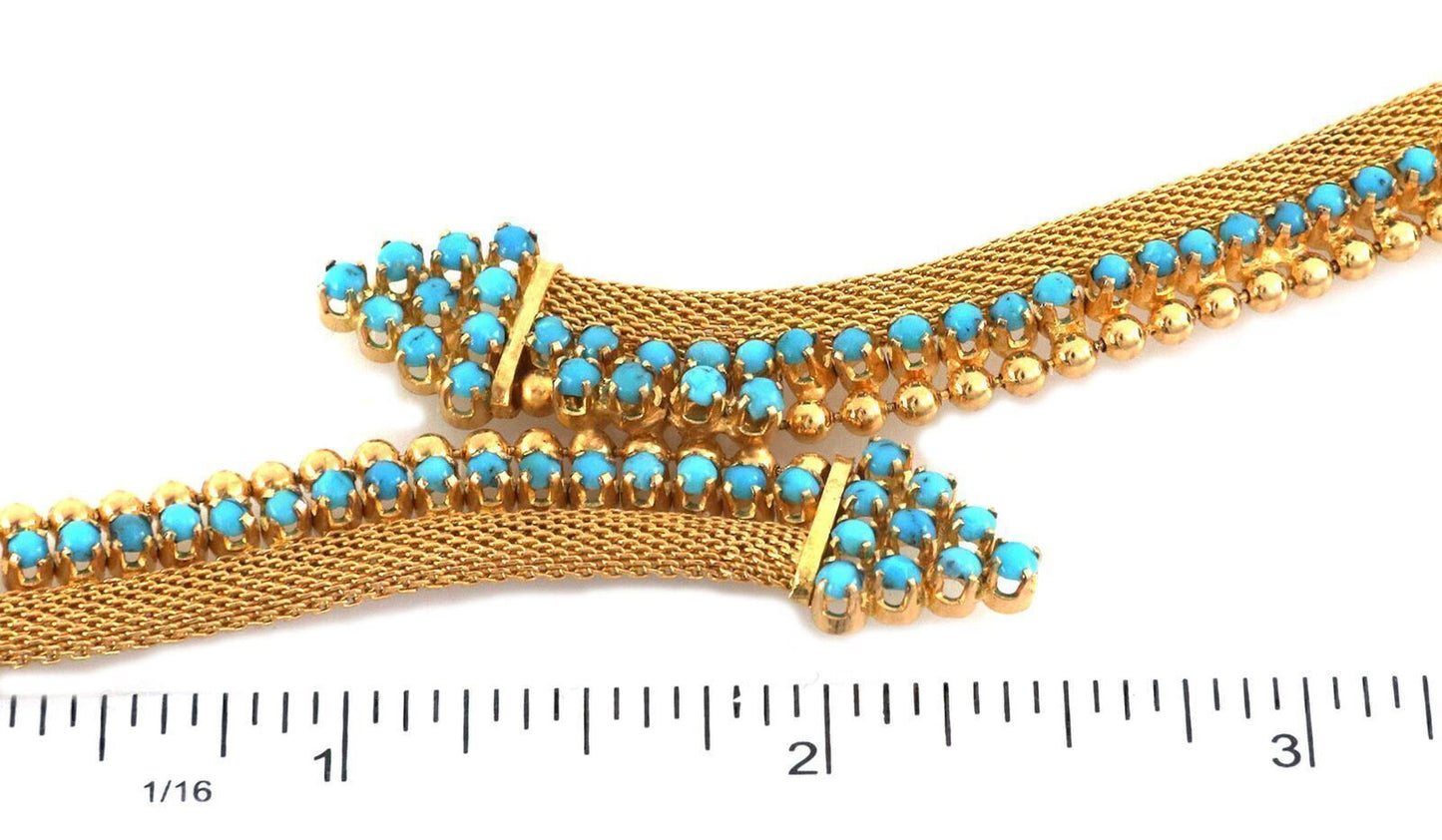 Turquoise 18k Yellow Gold Mesh & Bead Bypass Flex Link Bracelet