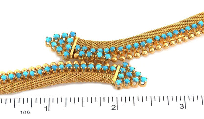 Turquoise 18k Yellow Gold Mesh & Bead Bypass Flex Link Bracelet