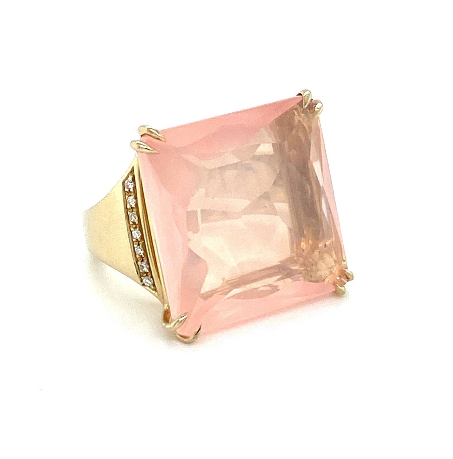 Large Pink Quartz Diamond Square Top 18k Yellow Gold Ring - Size 6