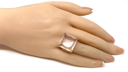 Large Pink Quartz Diamond Square Top 18k Yellow Gold Ring - Size 6