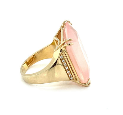 Large Pink Quartz Diamond Square Top 18k Yellow Gold Ring - Size 6