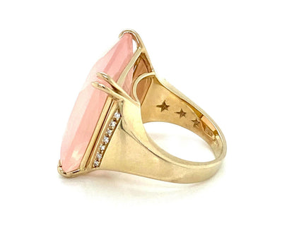 Large Pink Quartz Diamond Square Top 18k Yellow Gold Ring - Size 6