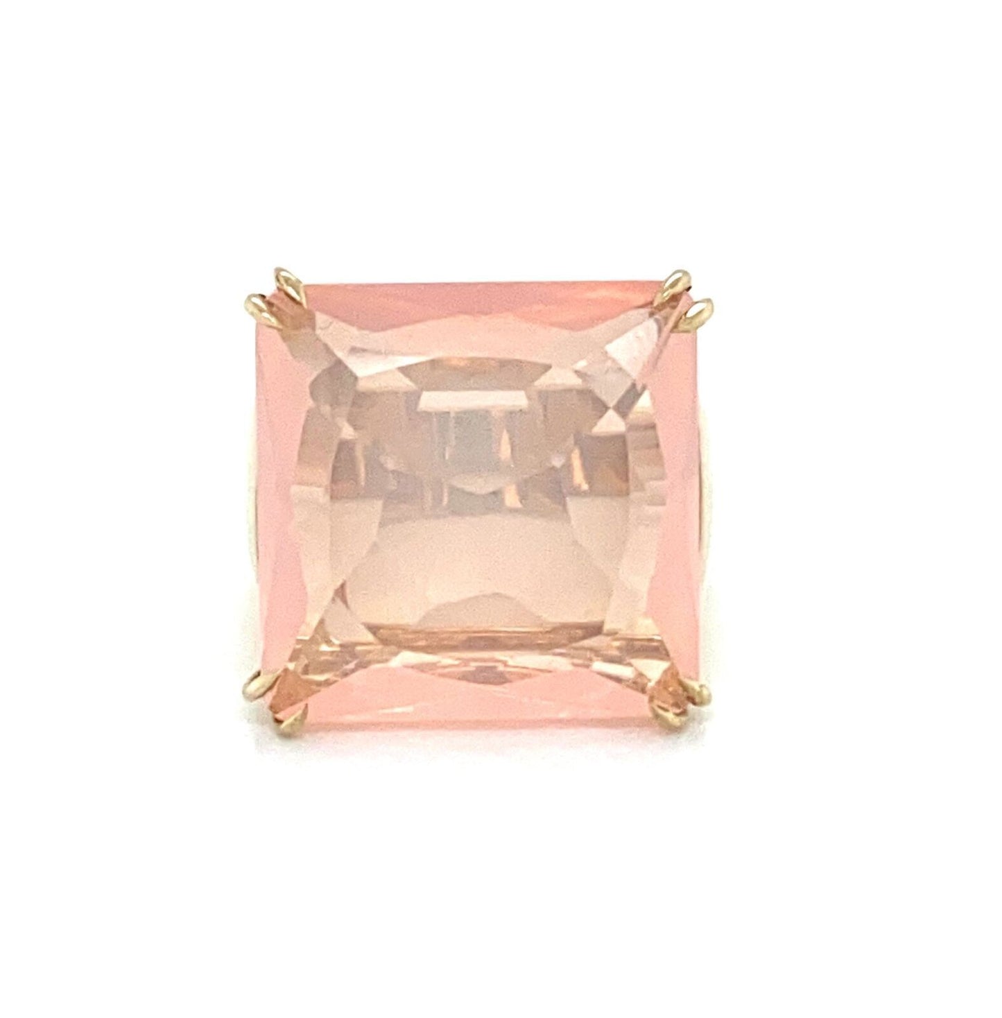 Large Pink Quartz Diamond Square Top 18k Yellow Gold Ring - Size 6