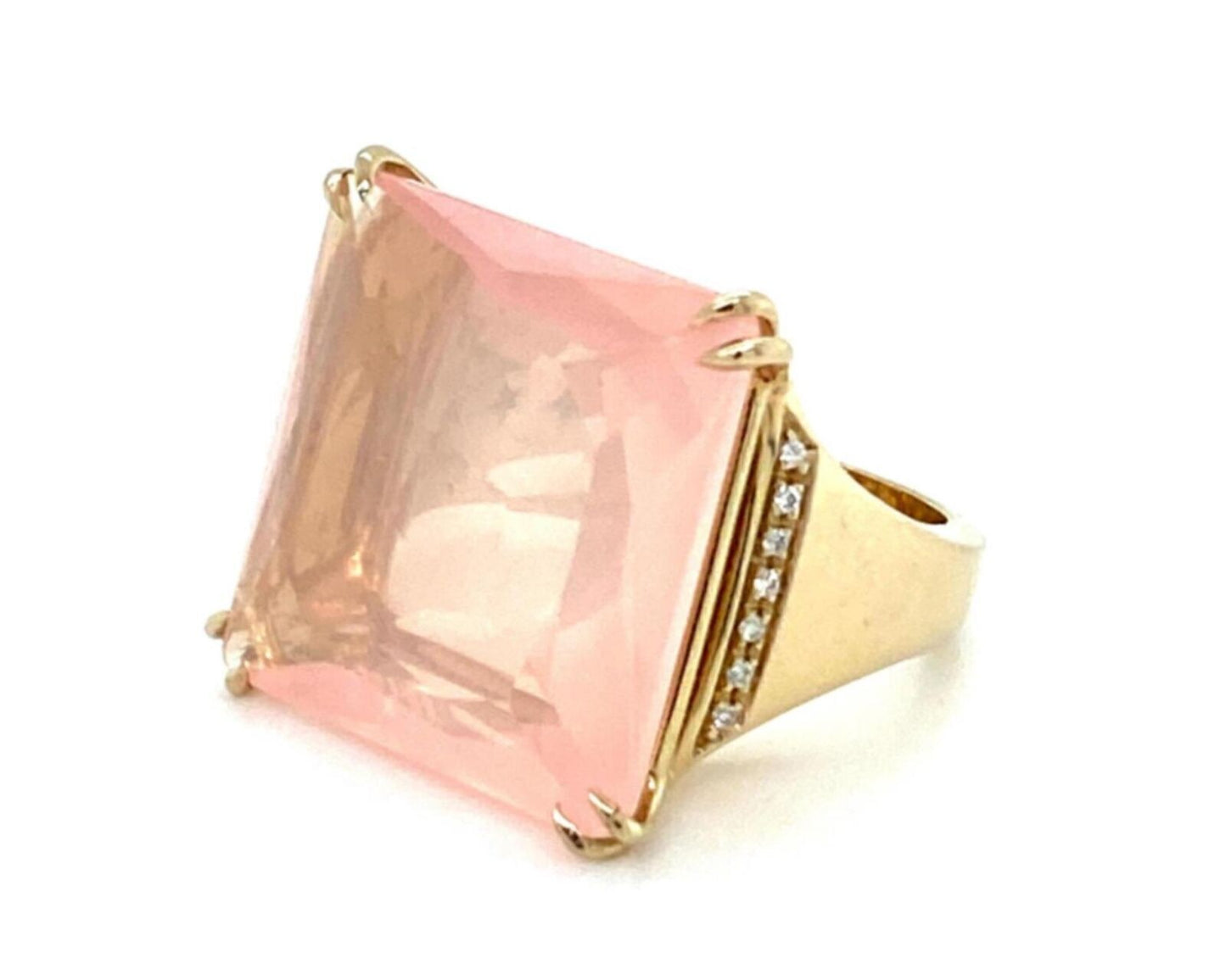 Large Pink Quartz Diamond Square Top 18k Yellow Gold Ring - Size 6