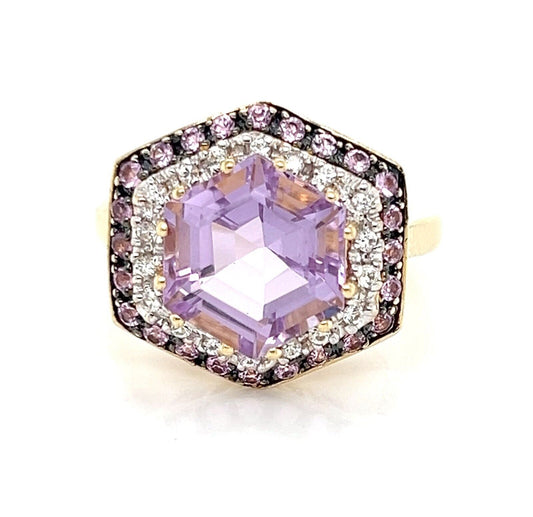 LeVian Amethyst Pink & White Sapphires 14k Gold Octagon Ring