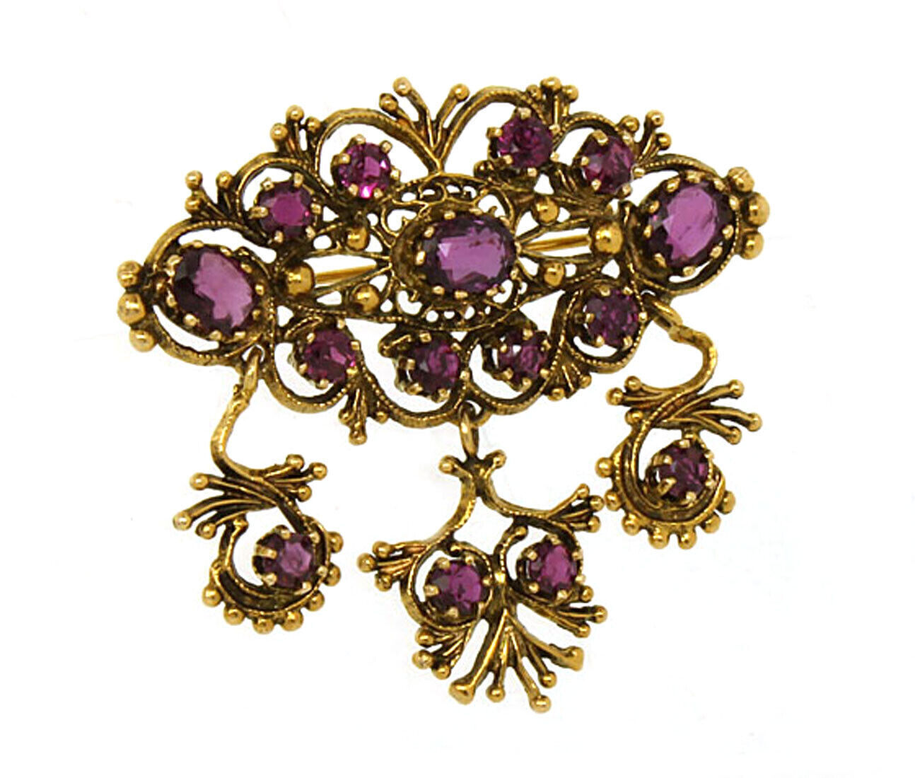 Amethyst Tourmaline 14k Gold Floral Dangle Pendant Pin Brooch