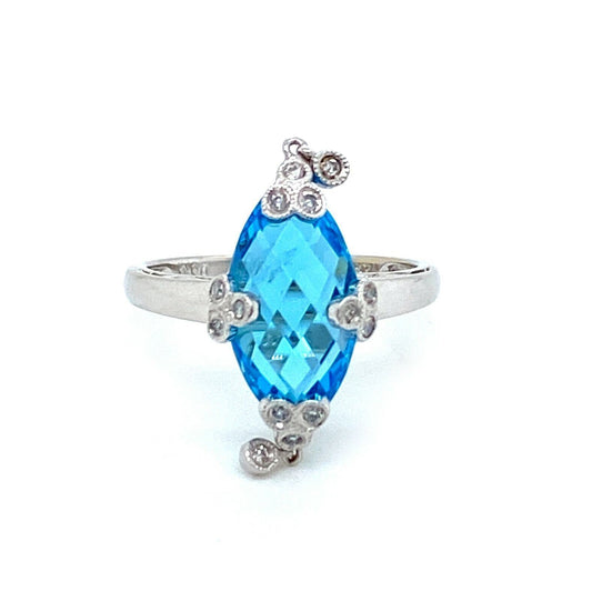 Diamond Blue Topaz Dangle Charm 14k White Gold Marquise Shape Ring - Size 7