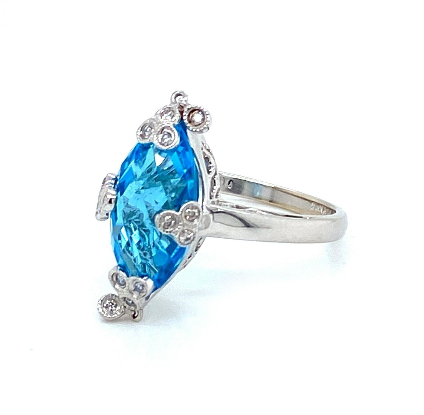 Diamond Blue Topaz Dangle Charm 14k White Gold Marquise Shape Ring - Size 7