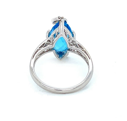 Diamond Blue Topaz Dangle Charm 14k White Gold Marquise Shape Ring - Size 7