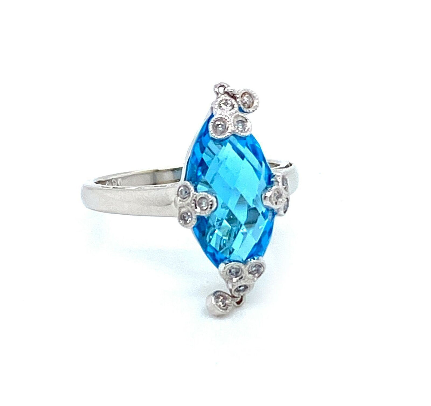 Diamond Blue Topaz Dangle Charm 14k White Gold Marquise Shape Ring - Size 7