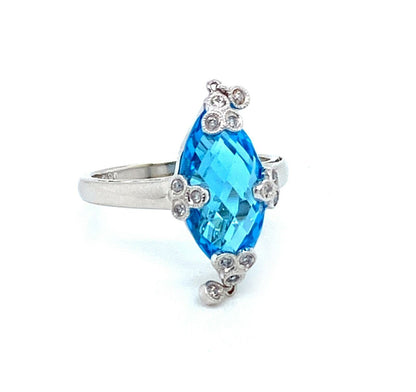 Diamond Blue Topaz Dangle Charm 14k White Gold Marquise Shape Ring - Size 7