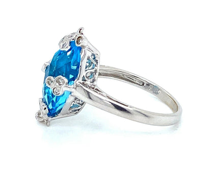 Diamond Blue Topaz Dangle Charm 14k White Gold Marquise Shape Ring - Size 7